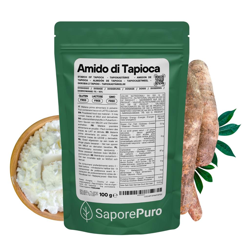 Amido di tapioca nativo SaporePuro in confezione, ingrediente per cucina, con etichetta visibile e dettaglio del prodotto.